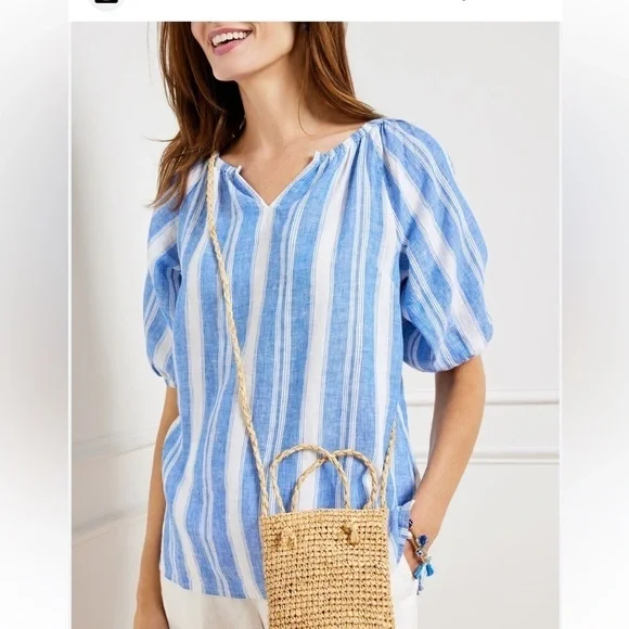 TALBOTS - LINEN POPOVER - DREAMY STRIPE - Medium Petite - Blue and White - Picture 2 of 4